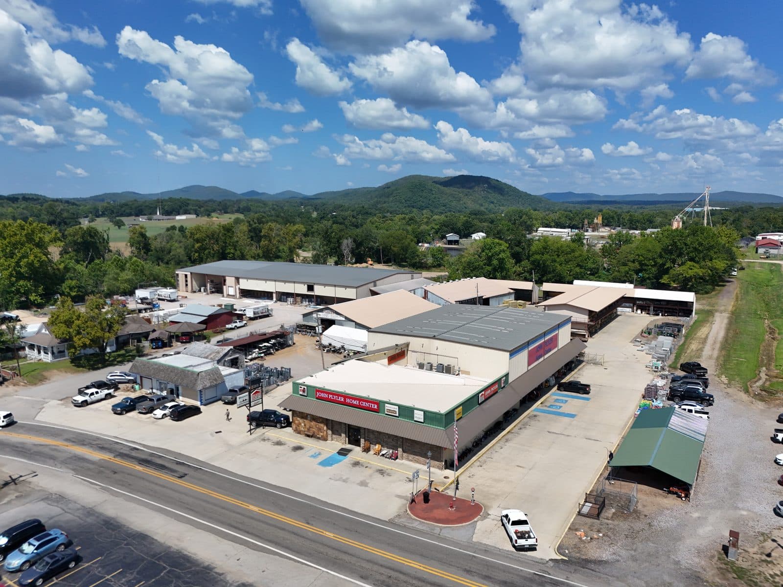 Farm supply store, mountain backdrop